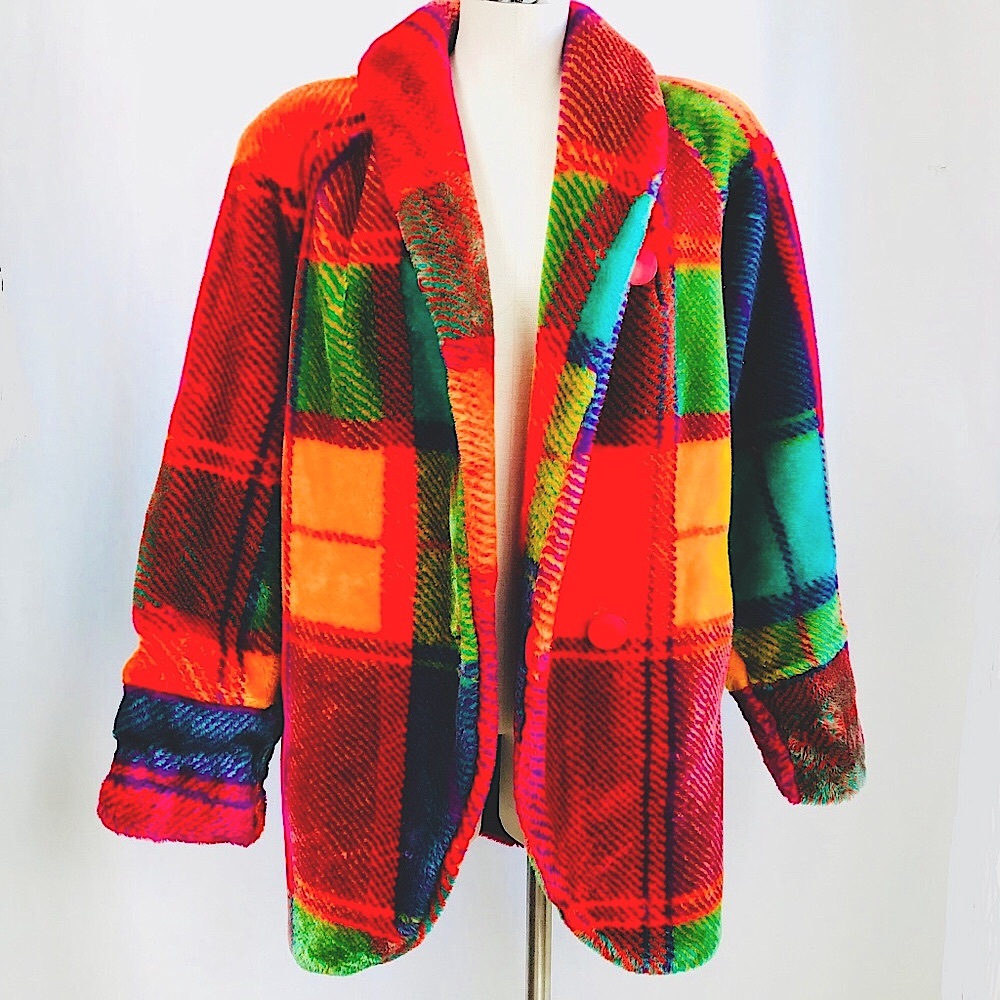 Monterey Fashions VTG Women's Rainbow Plaid Faux Fur Coat/Jacket Size Med Petite